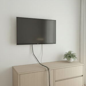 TV mit Halterung und Verkabelung